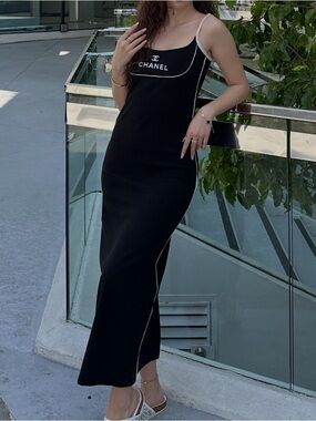 CHANEL Black Slip Dress with White Trim